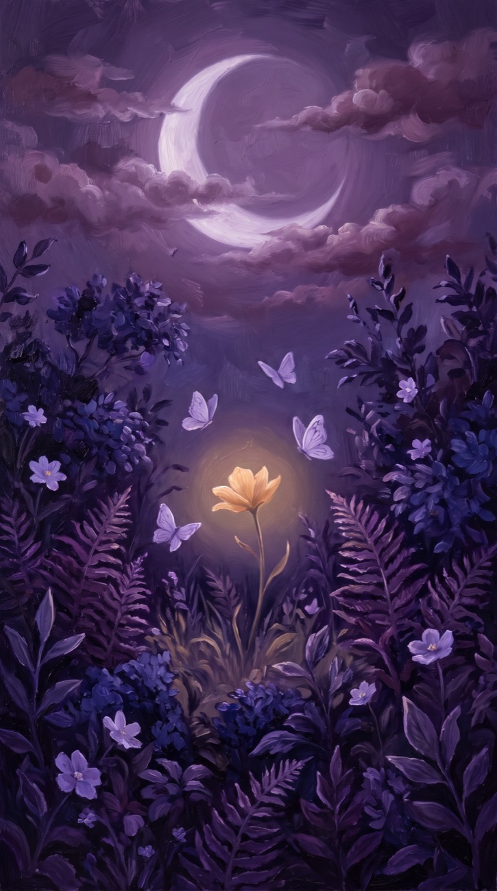 Jardín nocturno al óleo con mariposas, una luna creciente y una flor luminosa